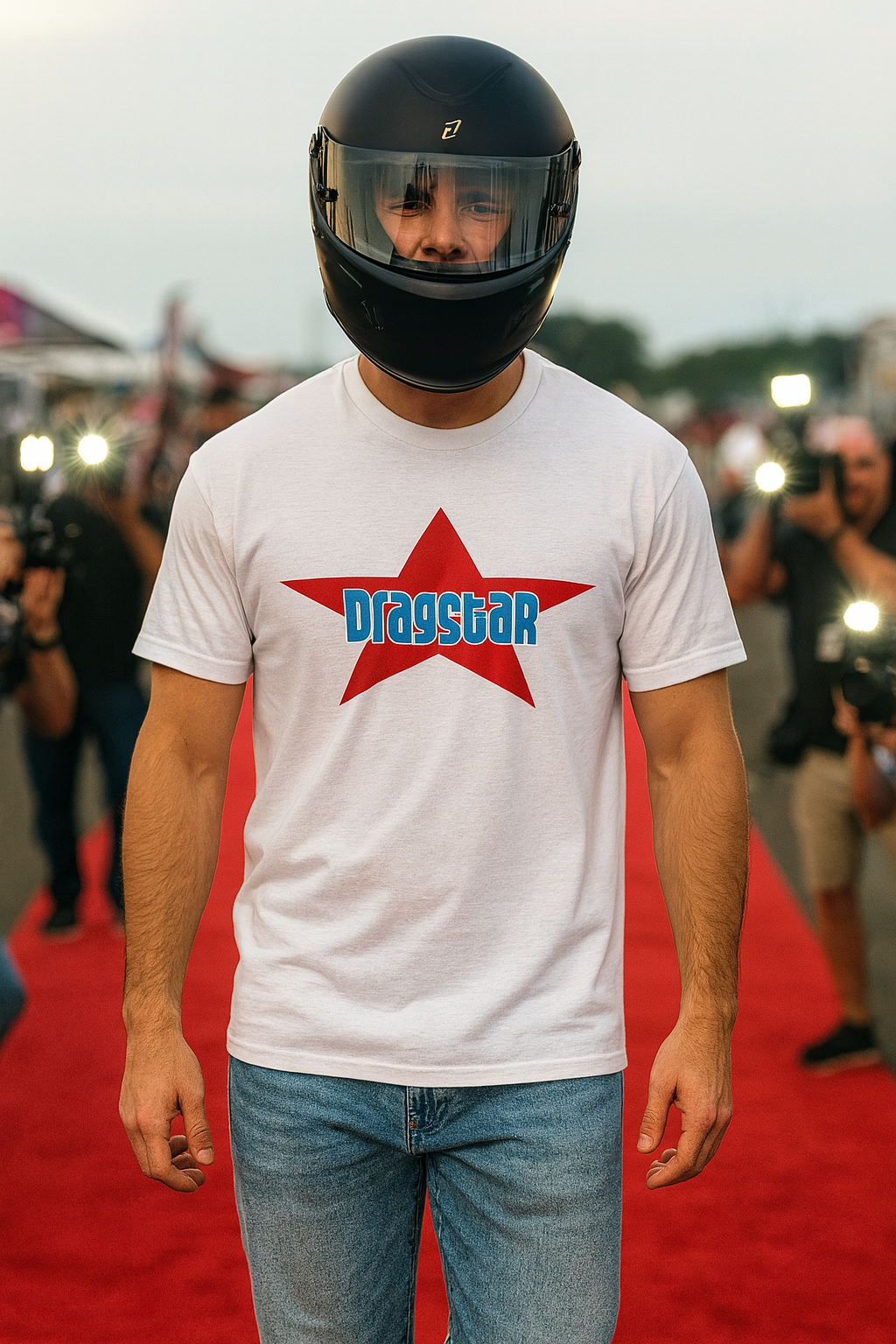 Person wearing a white bonspeed t-shirt with a red star and 'Dragstar' logo, standing on a red carpet.