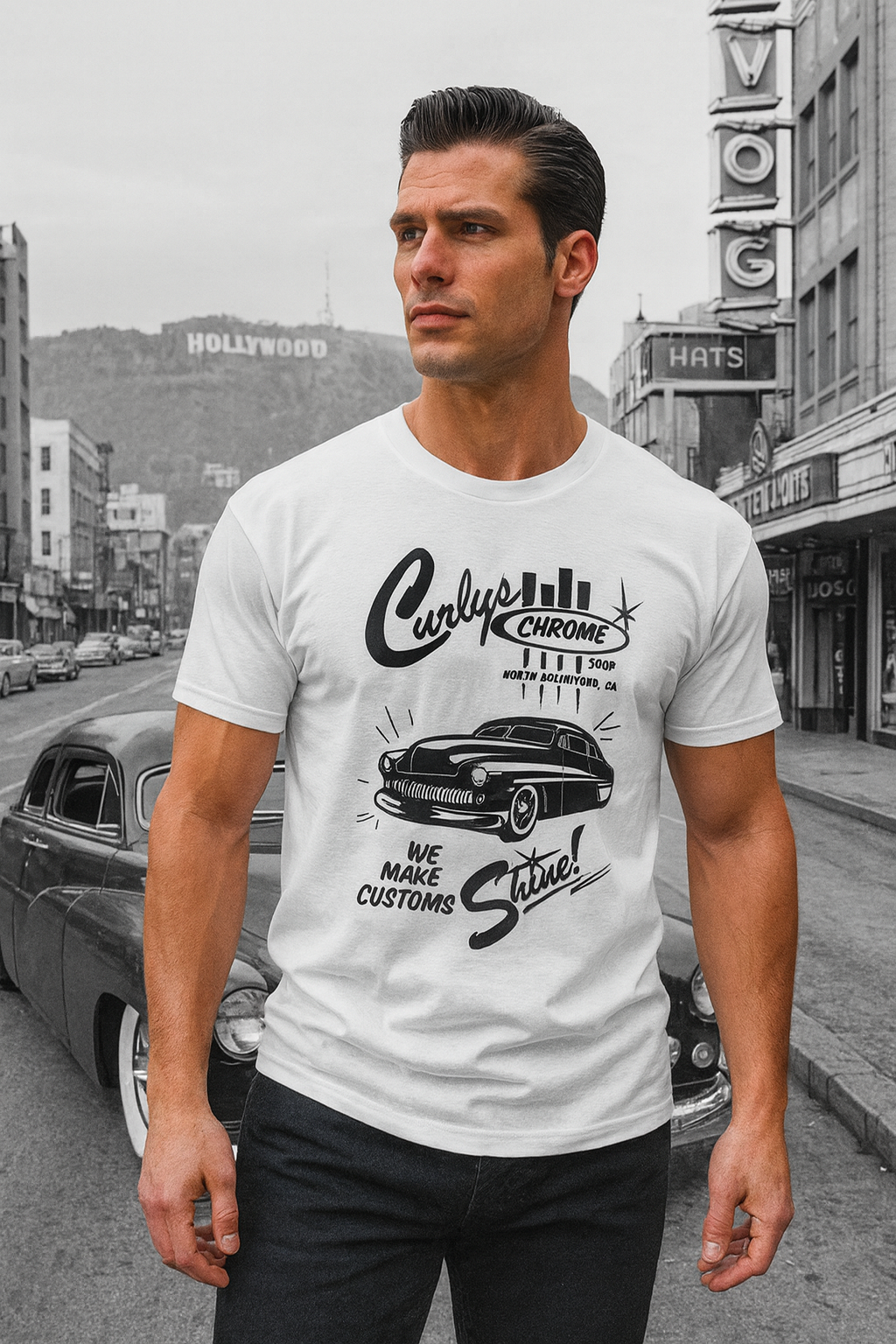 Man wearing a white bonspeed t-shirt with a Chopped Merc graphic design in an urban setting with a sign in the background.