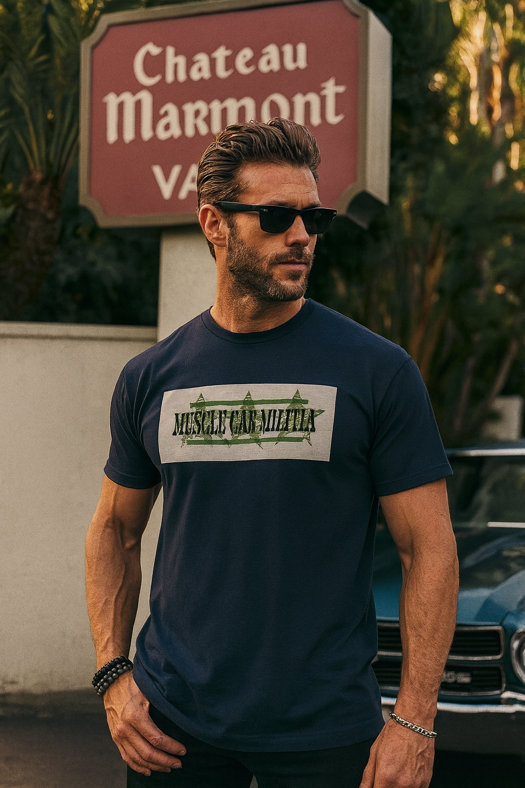 Man wearing a navy bonspeed t-shirt with a logo in front of a Chateau Marmont sign.