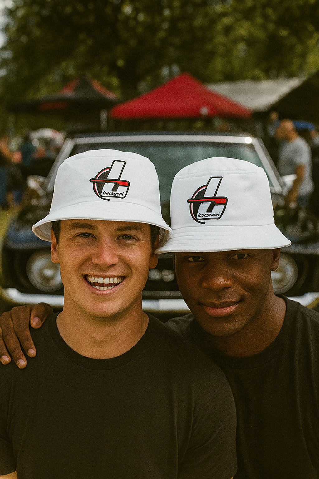 Two people wearing white bonspeed bucket hats with a logo, standing in front of a car at an outdoor event.