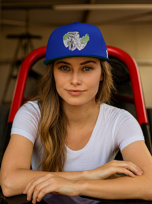 Woman wearing a blue bonspeed cap with a Flames Motor logo, sitting in a vehicle.