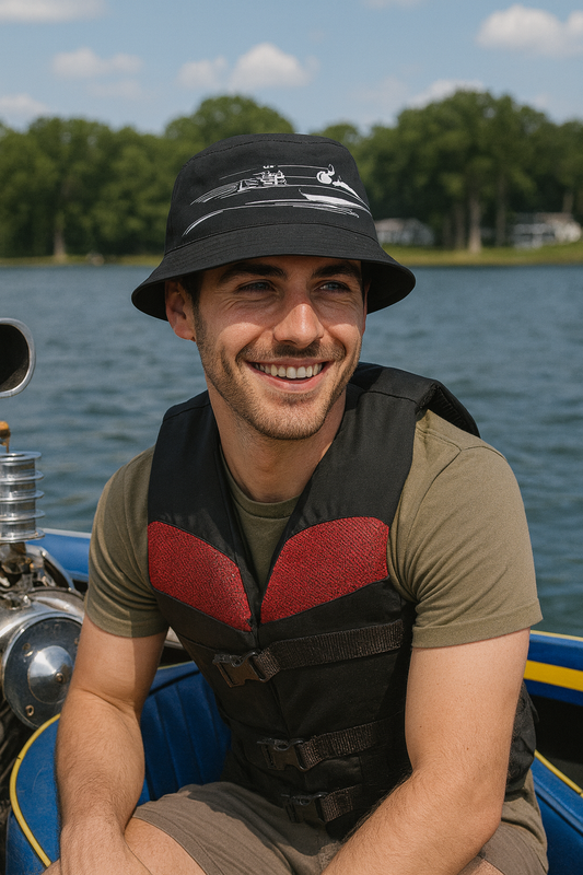 Man wearing a life jacket and bonspeed bucket hat sitting on a boat with water and trees in the background