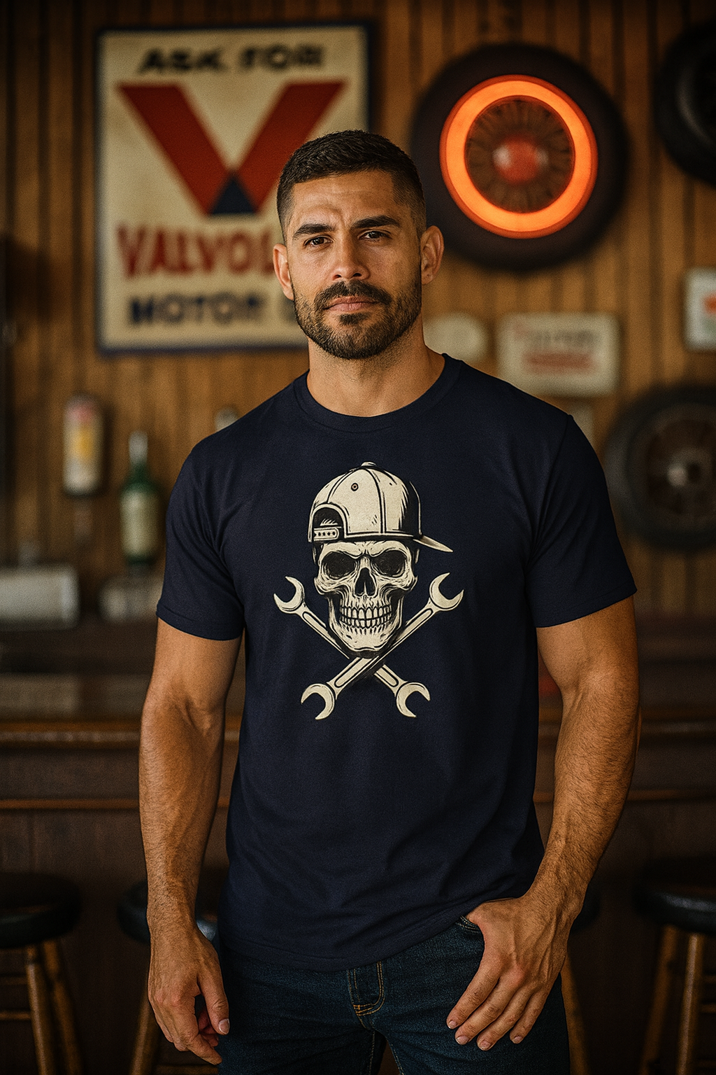 Man wearing a black t-shirt with a skull and wrenches design in a bar setting.
