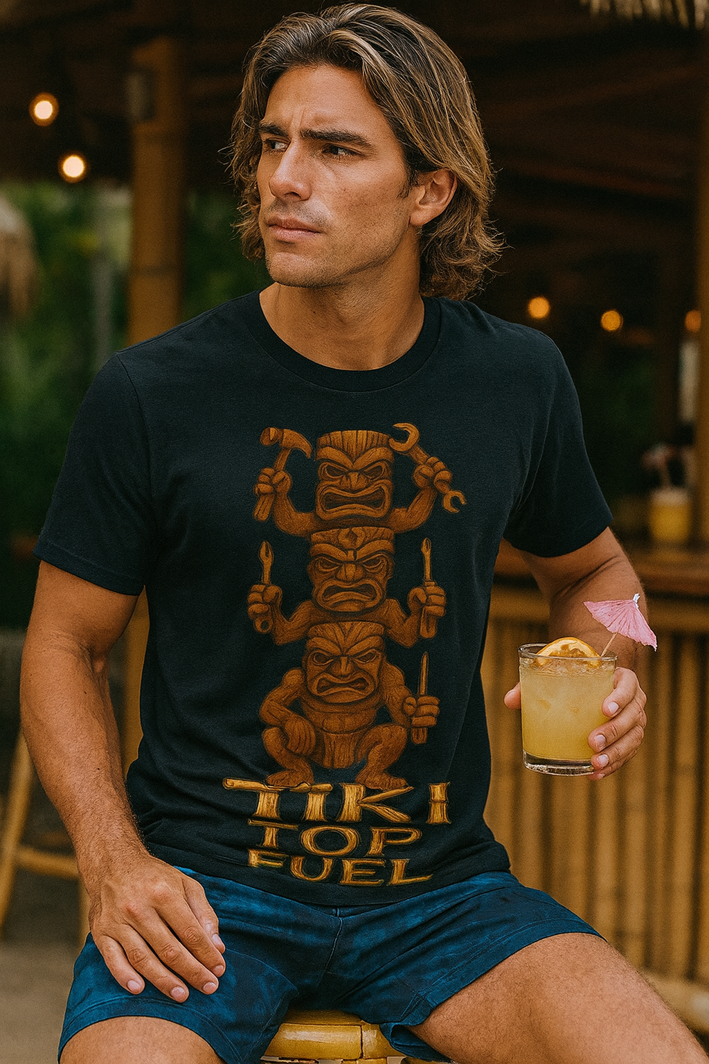Man wearing a black t-shirt with tiki design and shorts, holding a cocktail in a tropical setting.