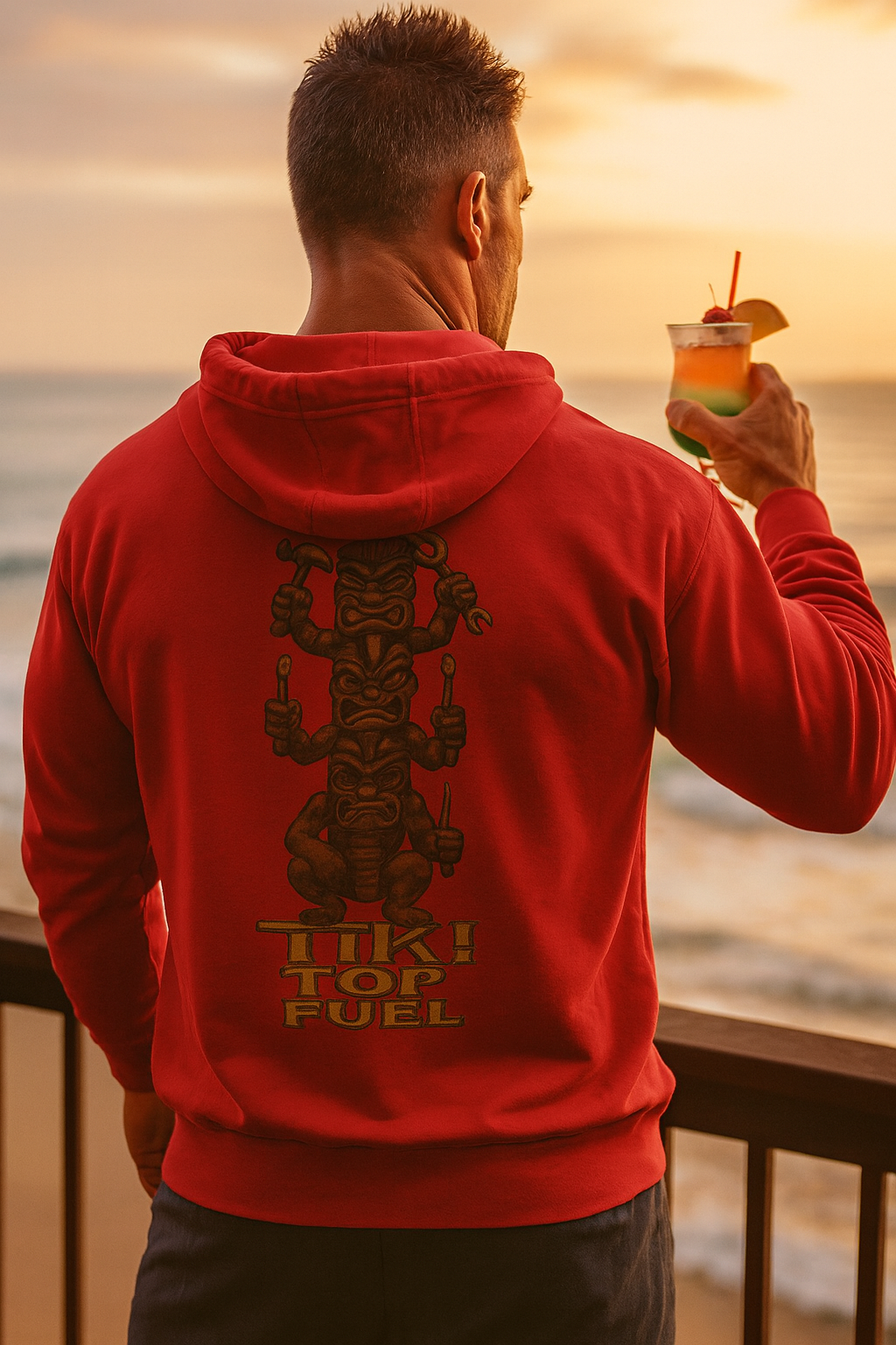 Man in a red hoodie with 'Tiki Top Fuel' design, holding a cocktail by the ocean at sunset.