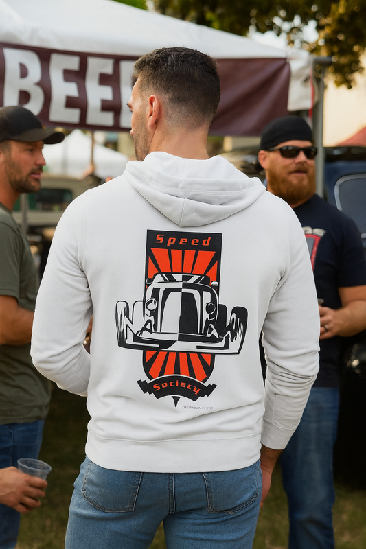 Man wearing a white bonspeed hoodie with a graphic hot rod design