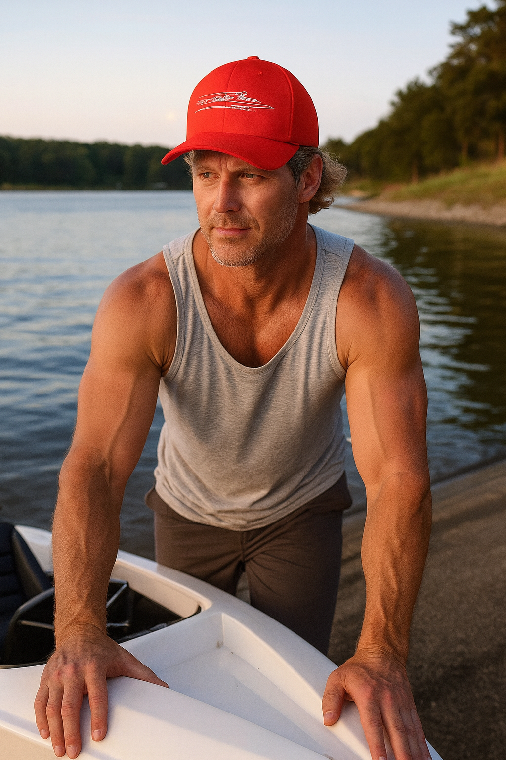 Man in Red bonspeed boat Hat by lake
