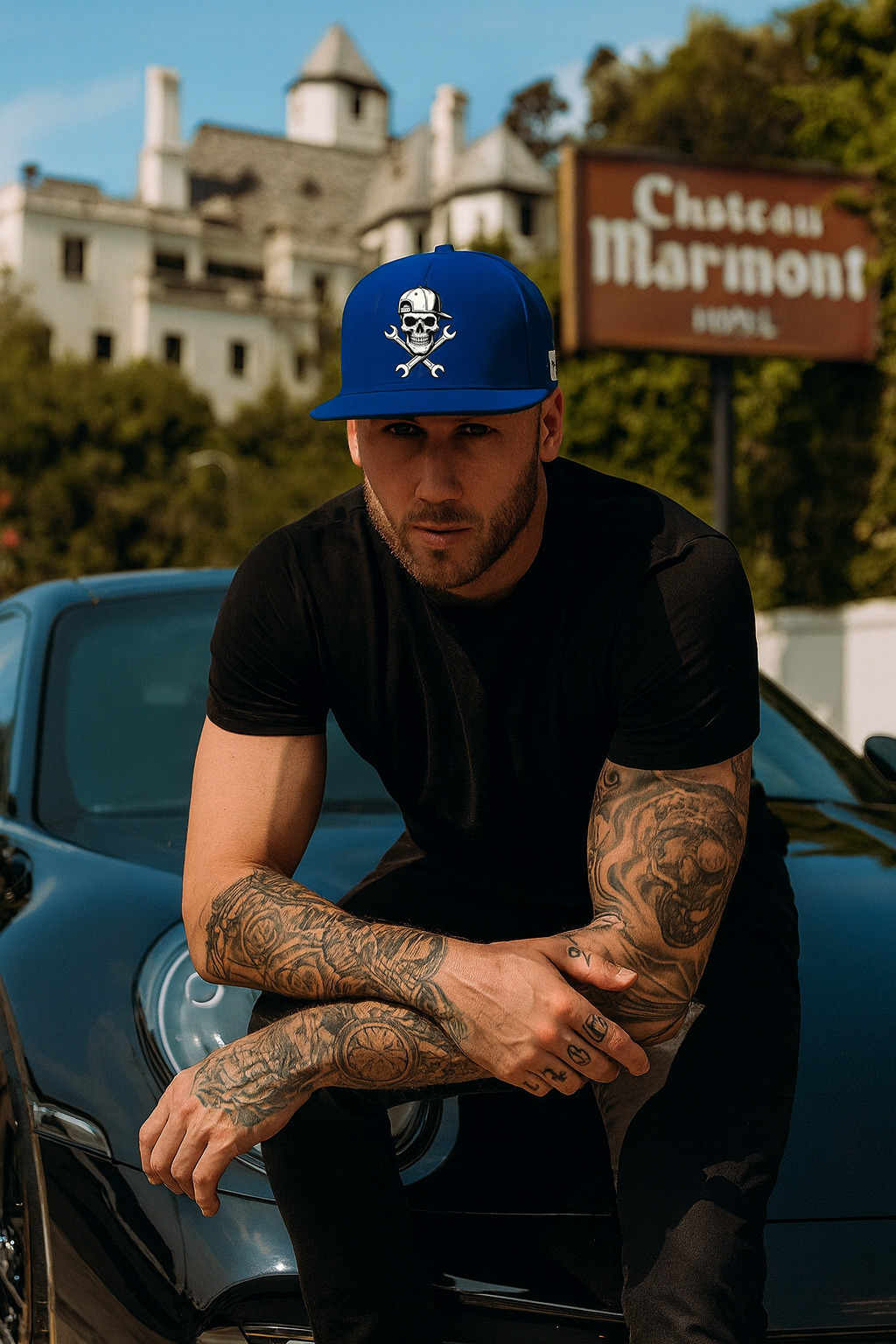 Skull & Wrench Flat Bill Cap, Direct Embroidered Cap for Motorheads, bonspeed