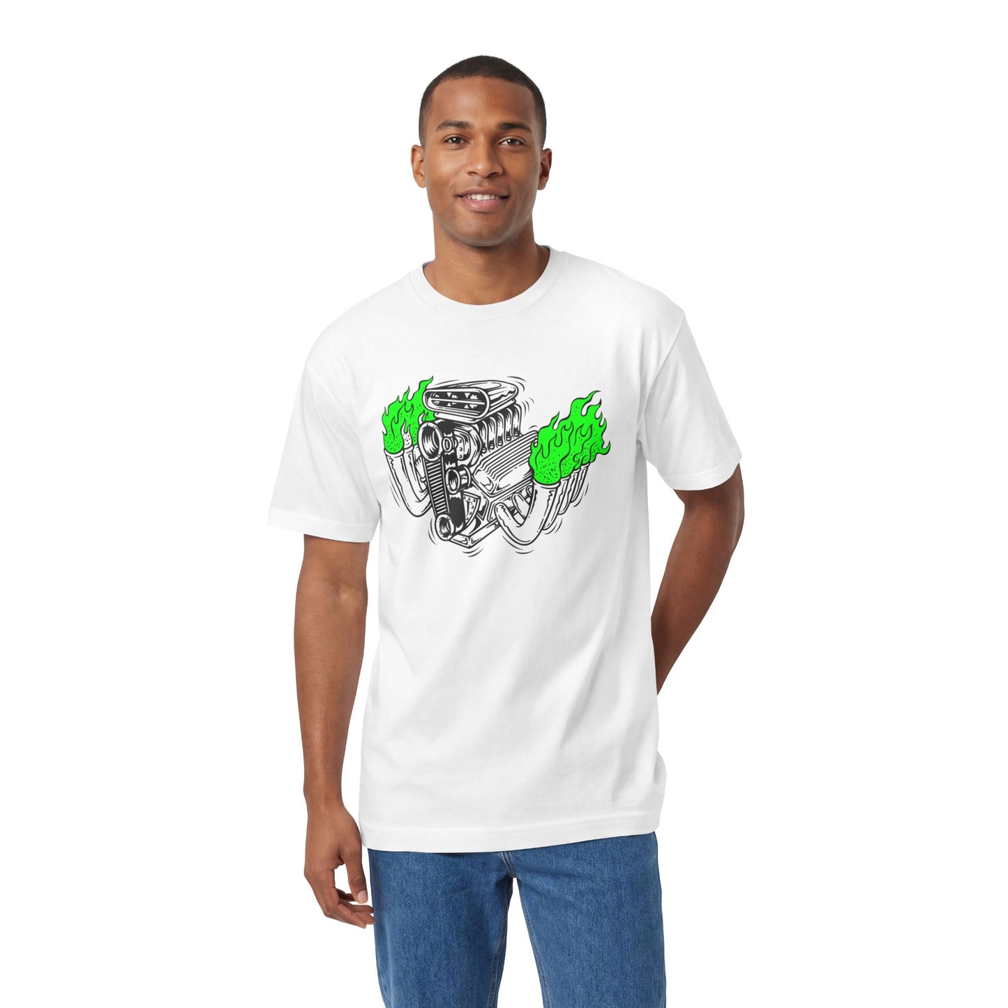 Fink Flame Blown Motor with Lime Green Flames T-Shirt, Hot Rod Inspired Fun Tee