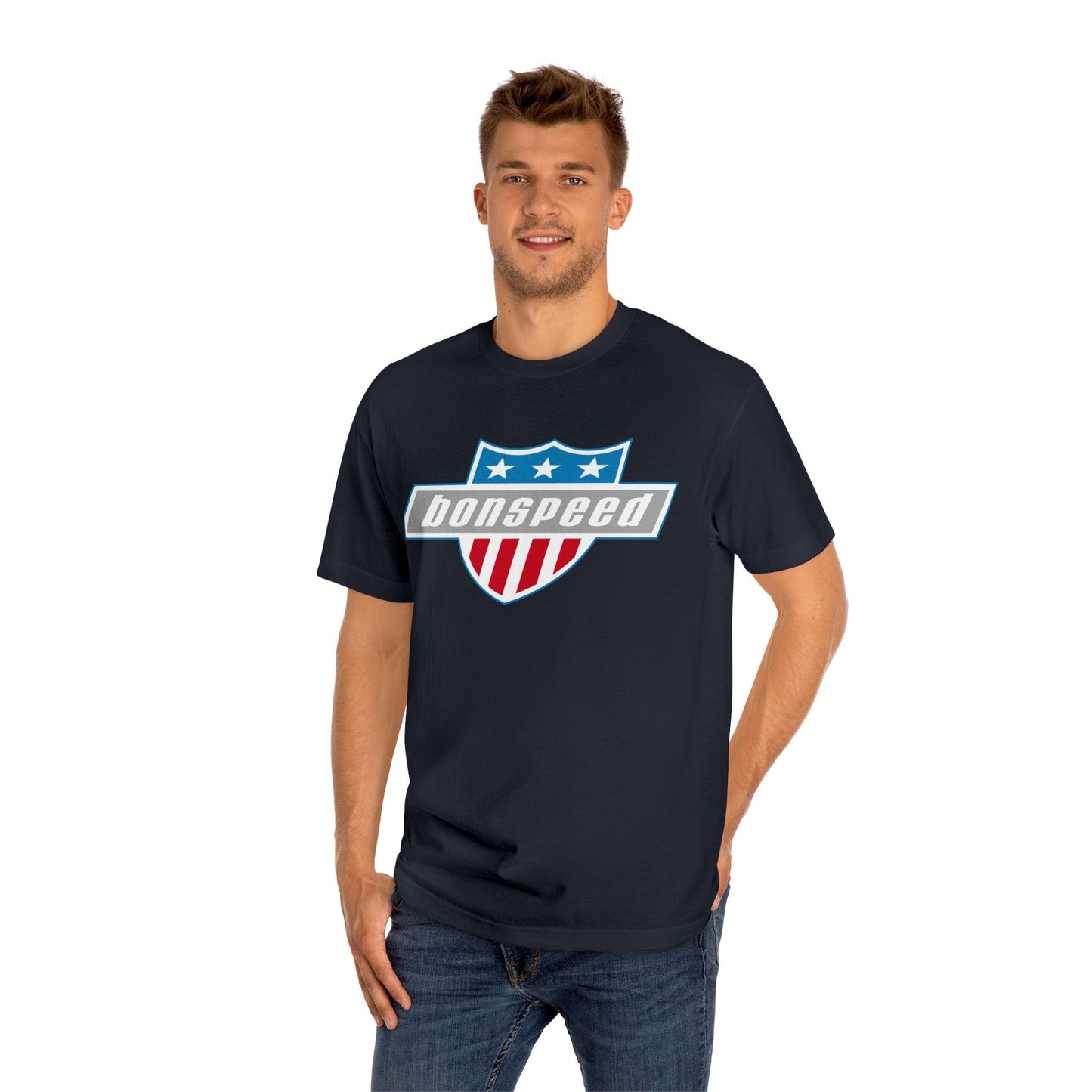 American Muscle Car Tee with Shield Design - bonspeed Red, White, Blue Car Logo