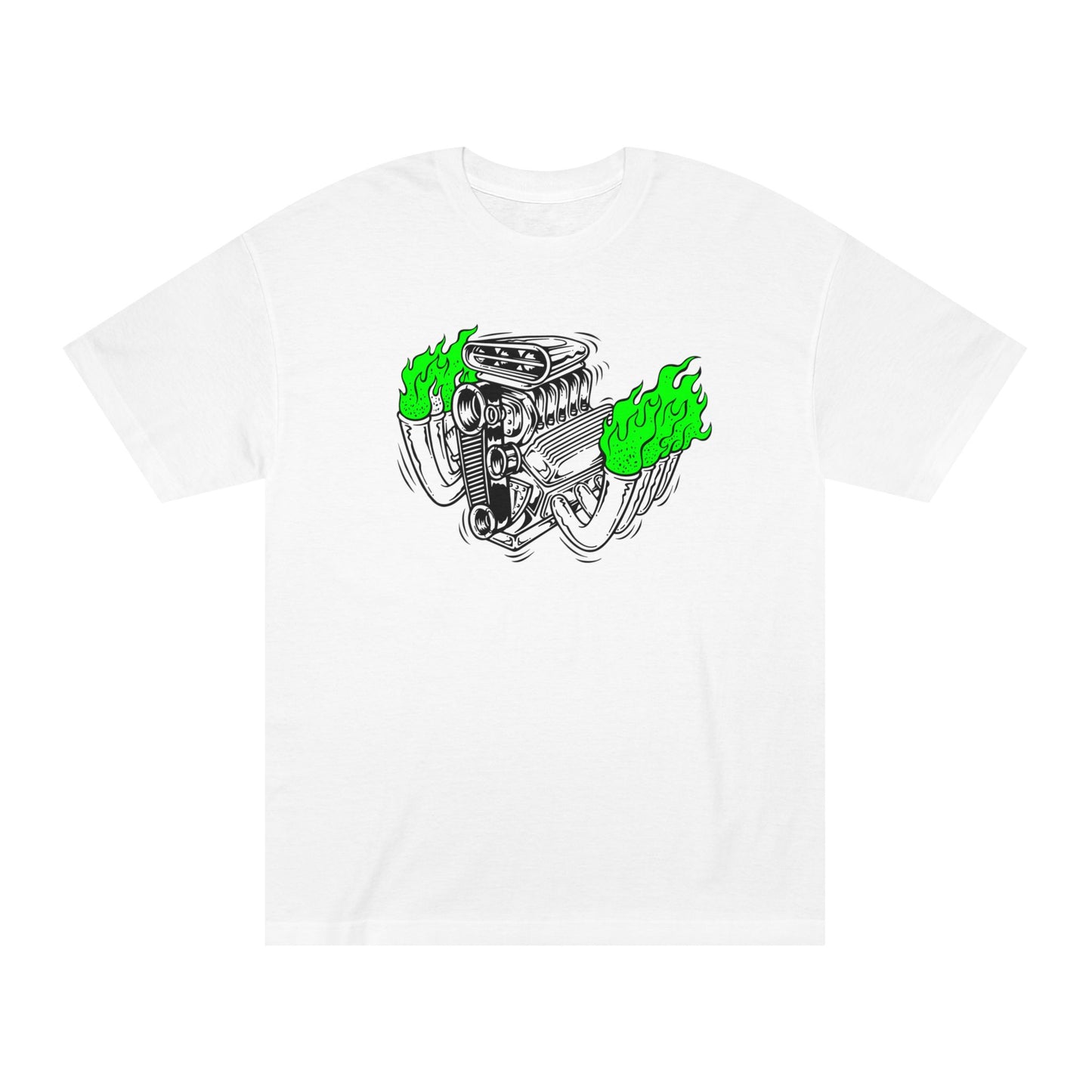 Fink Flame Blown Motor with Lime Green Flames T-Shirt, Hot Rod Inspired Fun Tee