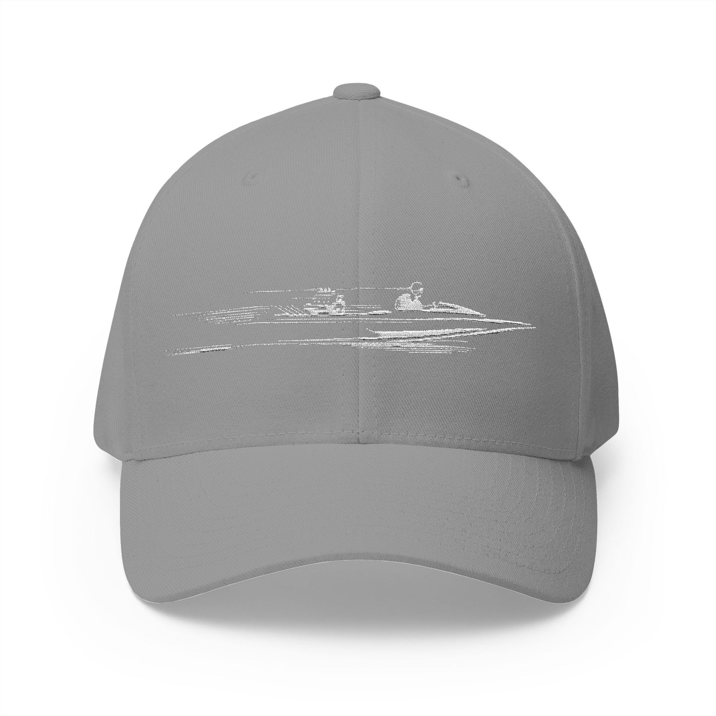Gray cap with white graphic on a white background