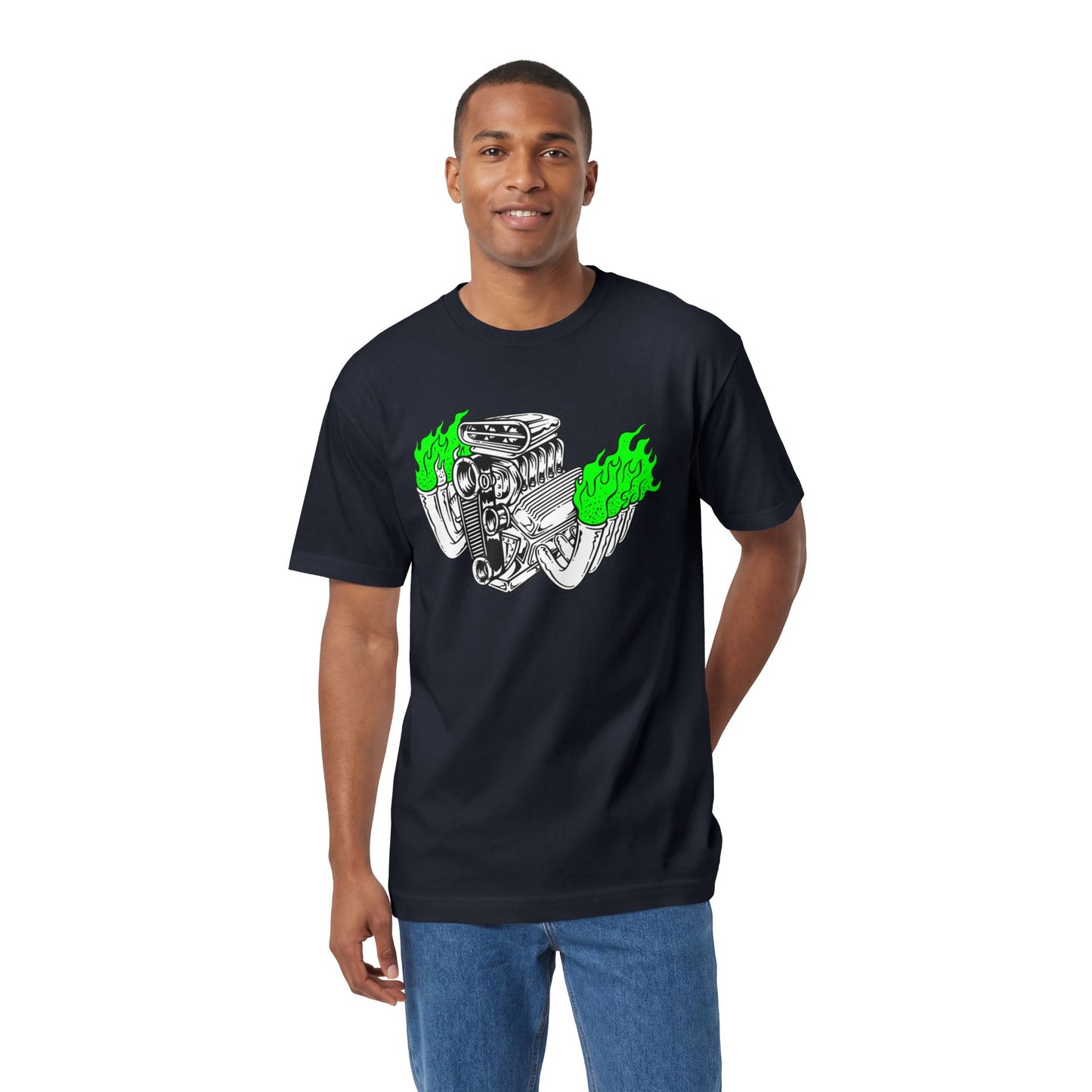 Fink Flame Blown Motor with Lime Green Flames T-Shirt, Hot Rod Inspired Fun Tee