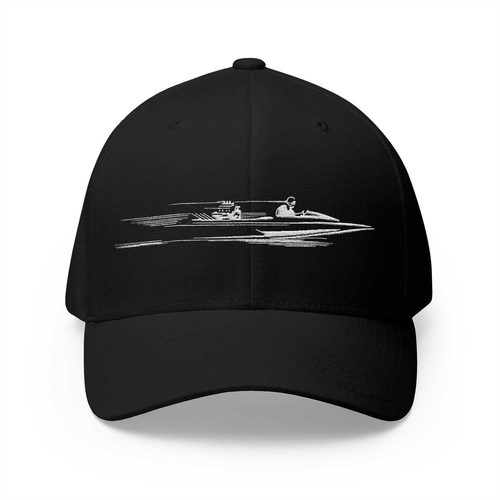 Black cap with a white graphic of a boat on a white background
