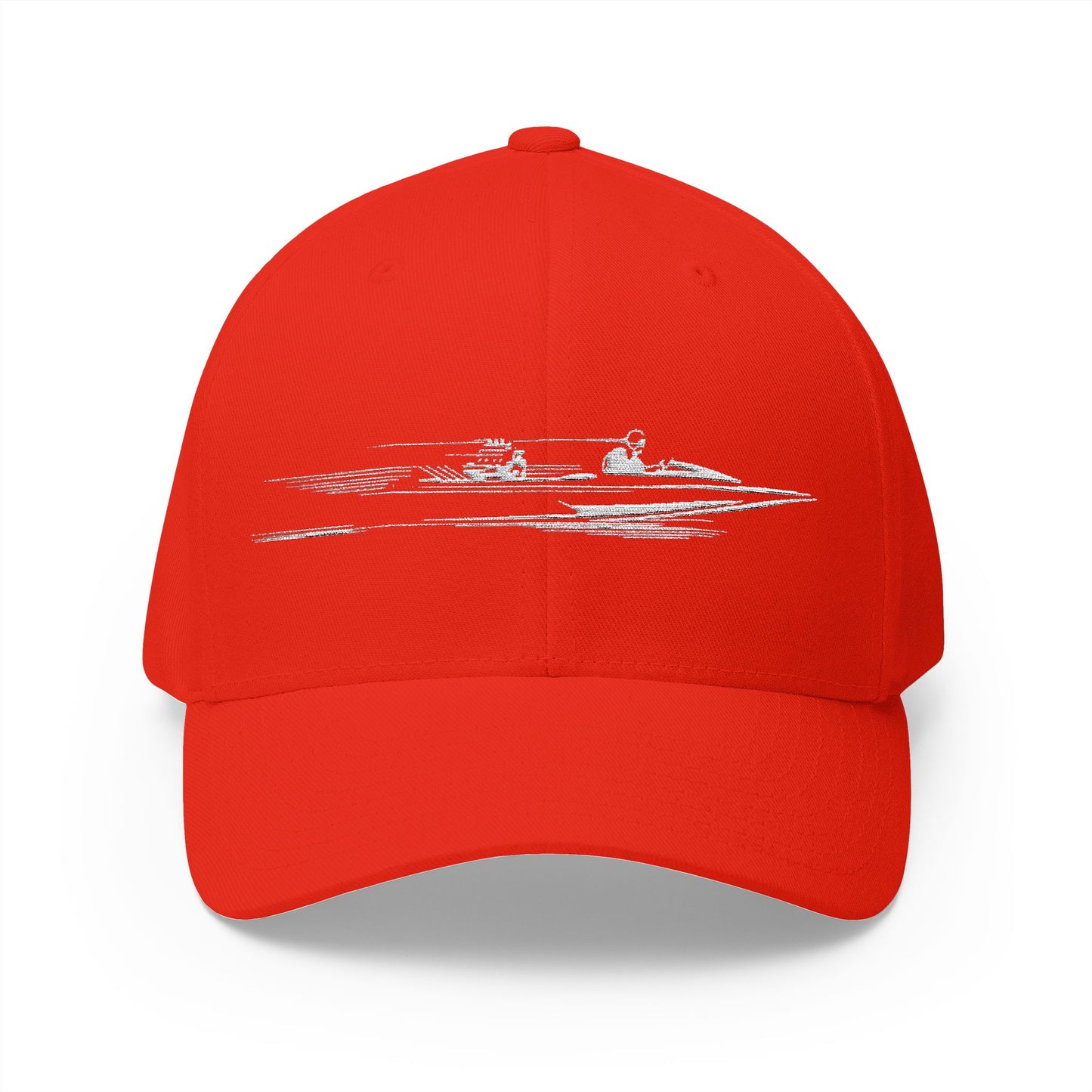 Red cap with white graphic on a white background
